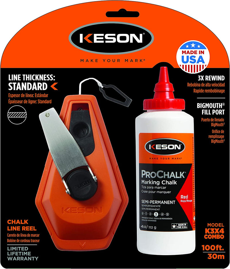 Keson K3X4R 3x1 Rewind Chalk Line Reel Combo with 4-Ounces of Red Chalk